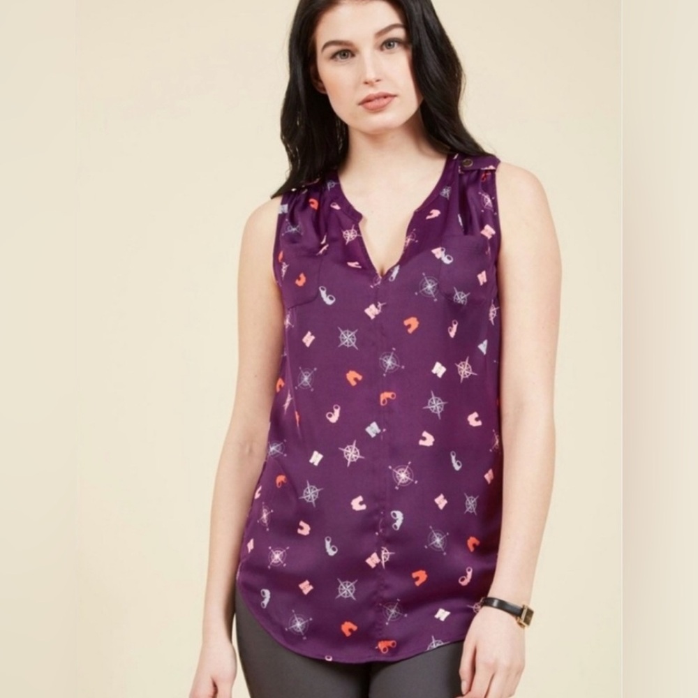 ModCloth NWOT Compass Navigation Blouse with Button Detail on Shoulders